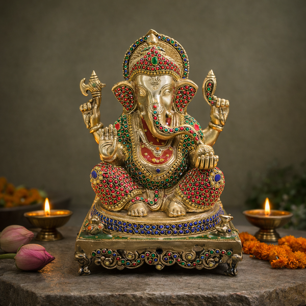 Ganesha Murti | Stonework Finishing | Brass Make | Decor & Gifting | 15 Inches