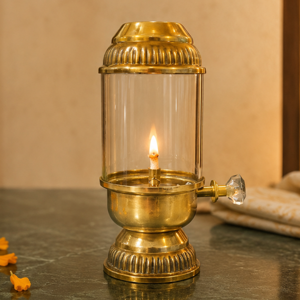 Elegant Brass Oil Akhand Jyot Diya With Adjustable Bati ( Small, 100 ml Capacity )