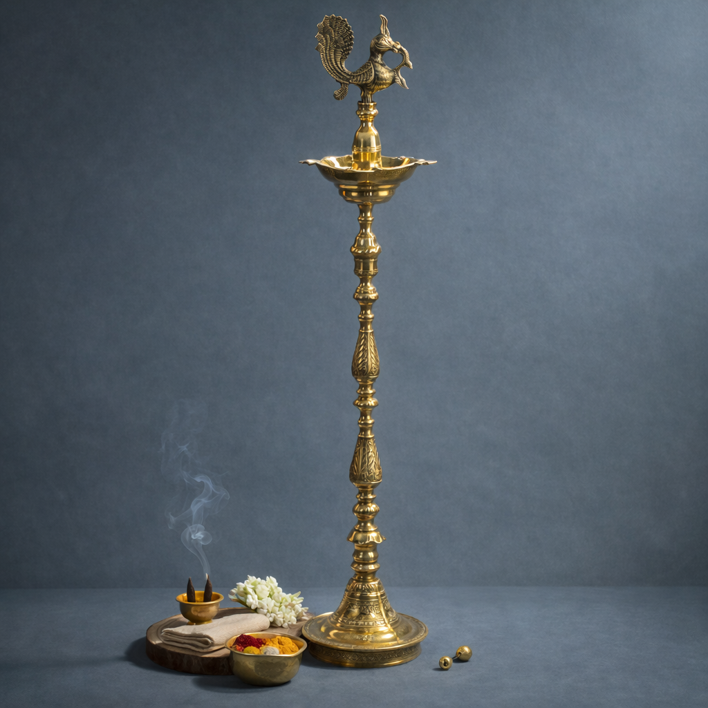 Peacock Lamp | Five Bati Diya | Brass Diya | Pooja & Inauguration Decor | 52 Inches