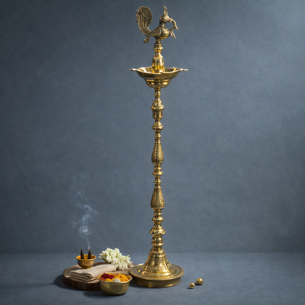 Peacock Lamp | Five Bati Diya | Brass Diya | Pooja & Inauguration Decor | 52 Inches