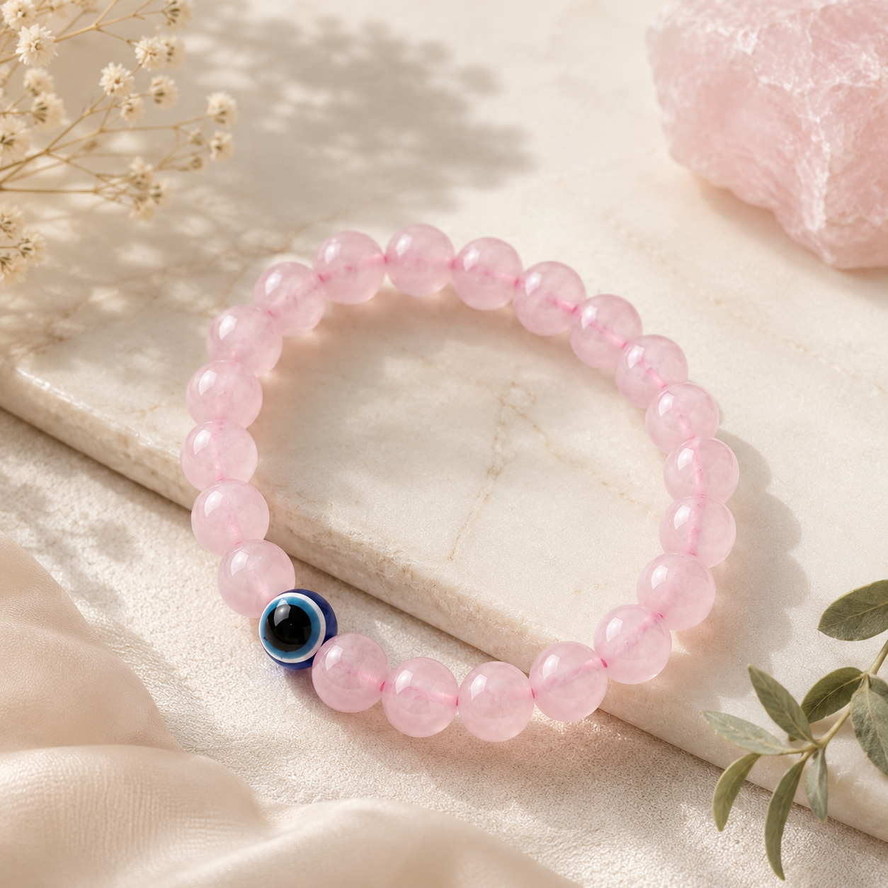 Natural Rose Quartz with Evil Eye Bracelet for Love, Protection & Emotional Peace