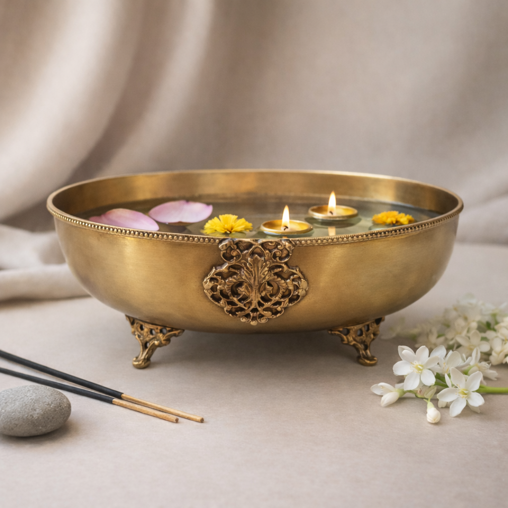 Padma Jal Oval Urli | Brass Bowl | Festive Decor & Gifting | 10 X 3.2 Inches