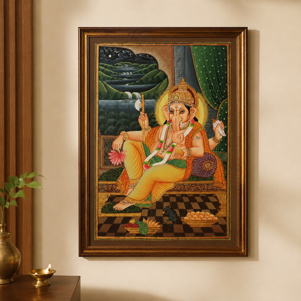 Ganesha with Mushak Vintage Painting in a Wooden Frame