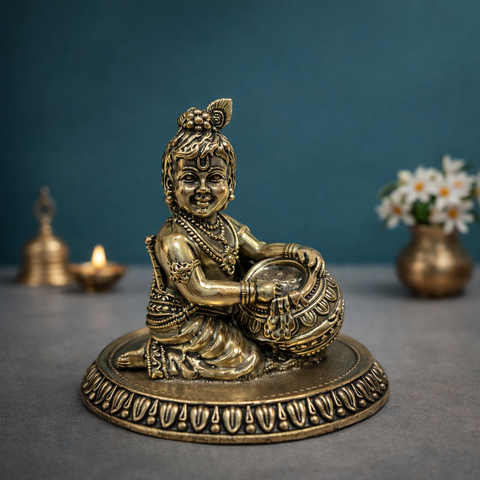 Bal Krishna Idol | Makhanchor Swaroop | Brass Superfine Finish | Home & Mandir Decor | 3 Inches