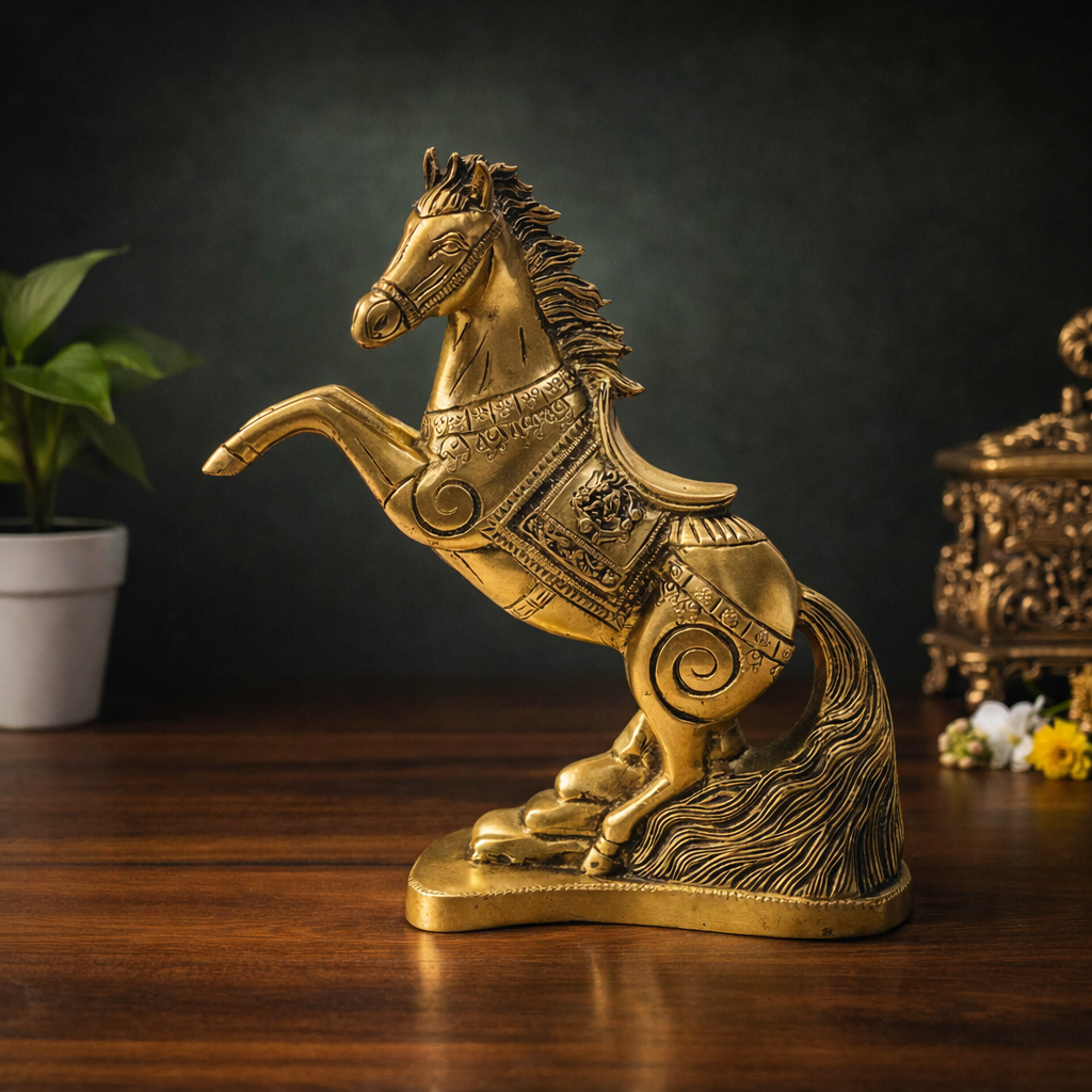 Horse with Raised Legs Brass Statue for Vastu, Success Symbol Decor | 8.5 Inch