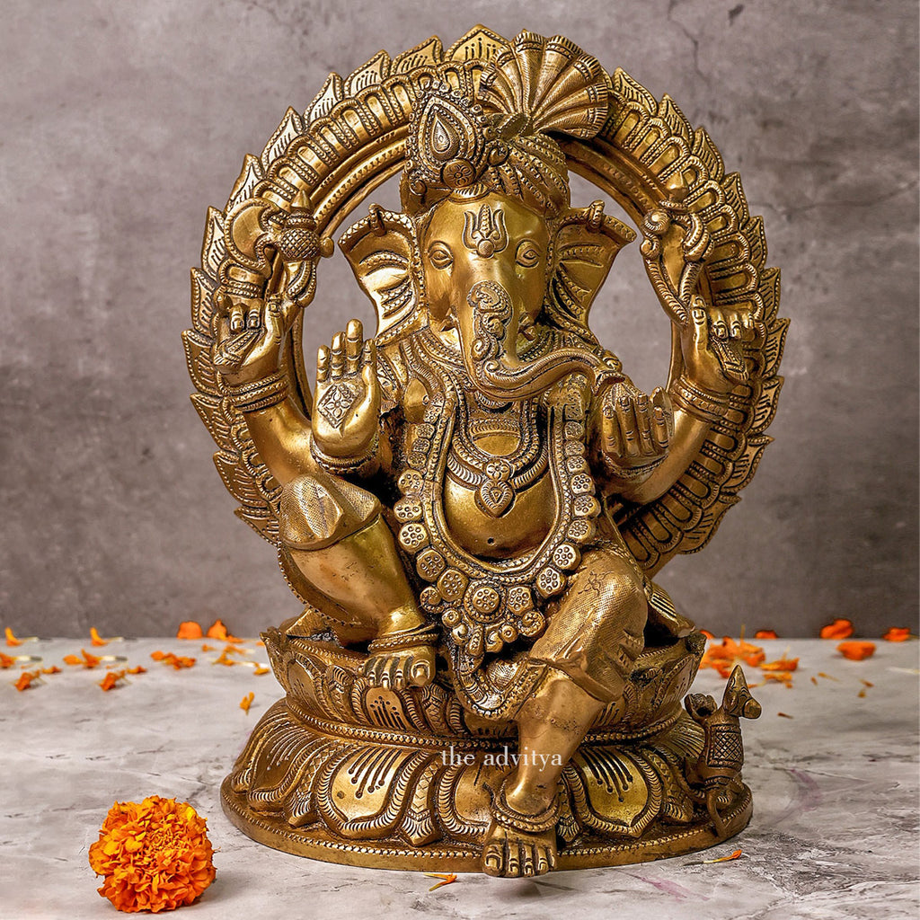 Ganesha,Ganepati,Ganasha,Ganapati,Gajanand,Gajananaa,Gajanana,Ekadanta,Brass Ganesha Sitting On Lotus Wit Pag 