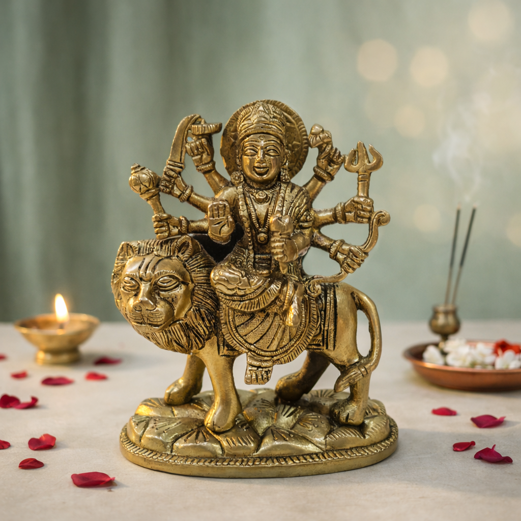 Goddess Durga with Lion Brass Idol for Mandir | 6.5 Inches