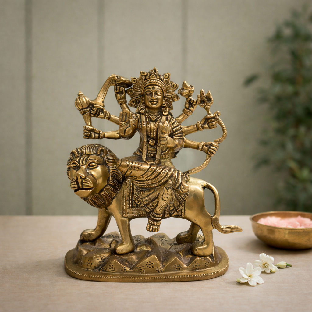 Durga Mata Brass Murti with Lion for Pooja Room | 7.5 Inches