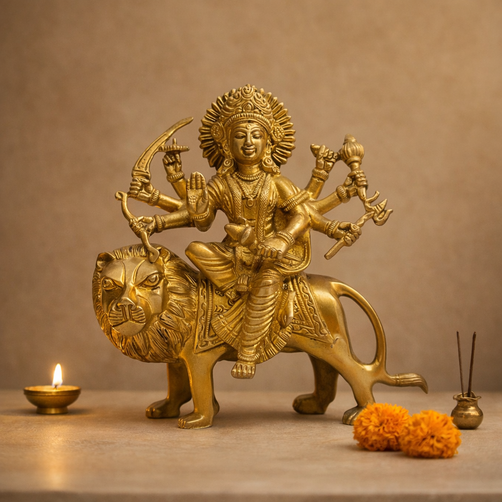 Goddess Durga Murti with Lion in Brass for Mandir, Pooja Room & Festive Decor | 8 Inch