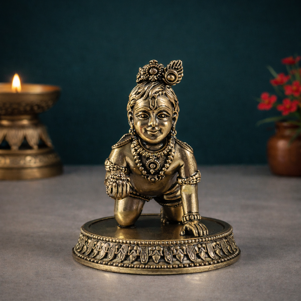 Laddu Gopal Krishna Idol | Crawling Bal Krishna | Brass Superfine Finish | Pooja Essential | 3 Inches