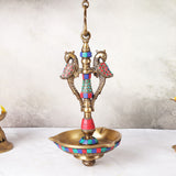 Brass Peacock Hanging Diya With Mosaic Work