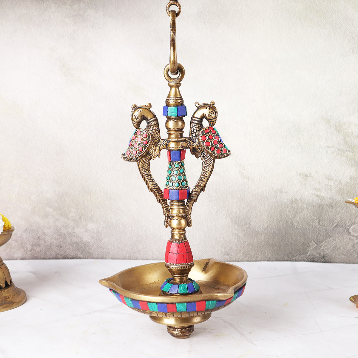 Brass Peacock Hanging Diya With Mosaic Work