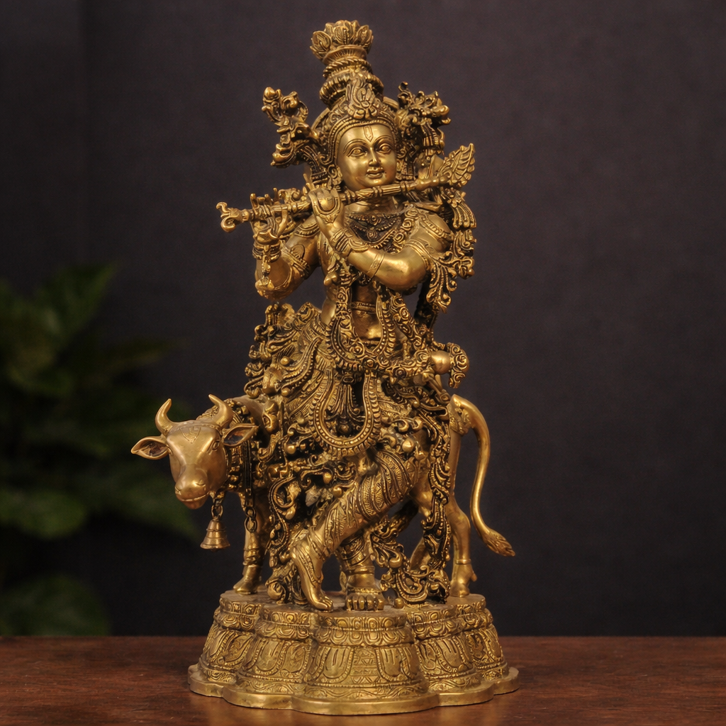 Lord Krishna with Cow Idol in Brass Finish for Temple & Decor | 27 Inch