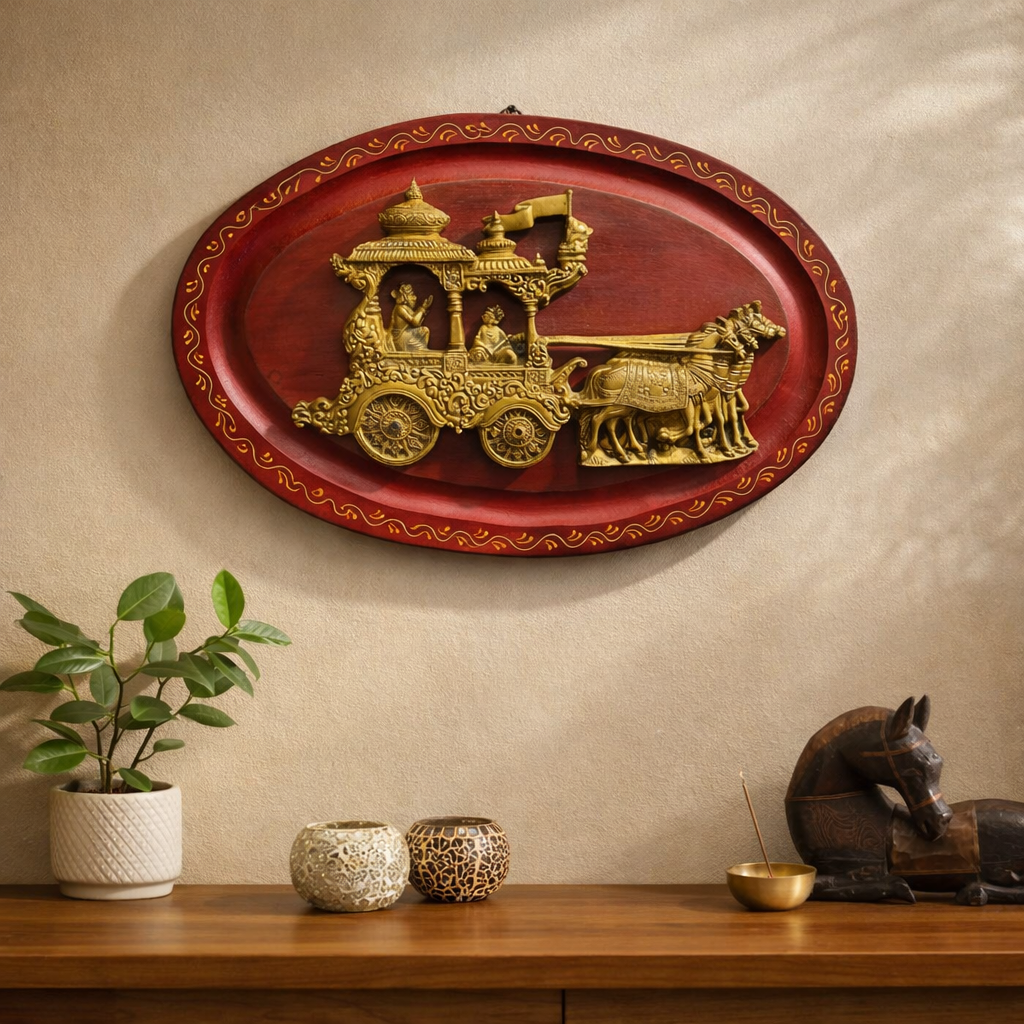 Mahabharata Krishna Arjuna Chariot Brass Wall Hanging with Wooden Base | 18 Inch