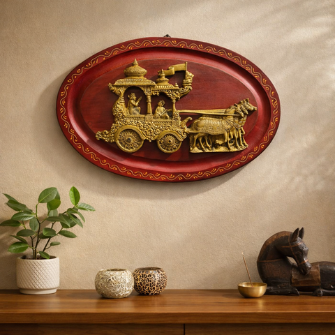 Mahabharata Krishna Arjuna Chariot Brass Wall Hanging with Wooden Base | 18 Inch