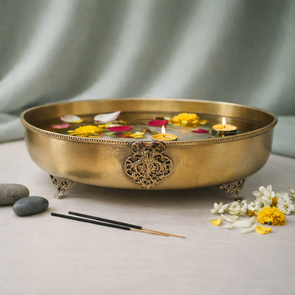 Suvarna Shanti Oval Urli | Brass Bowl | Festive Decorative Bowl | Gifting Item | 12 X 3.2 Inches