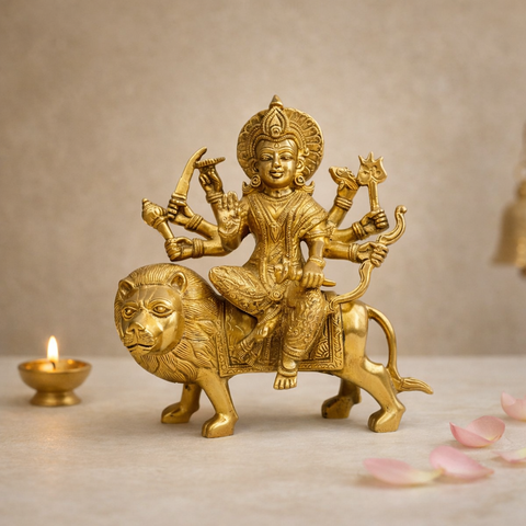 Durga Mata Brass Murti with Lion for Home Temple & Spiritual Decor | 9 Inch
