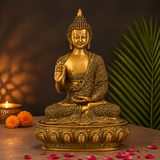 Large Brass Sitting Buddha Statue on Ornamental Base