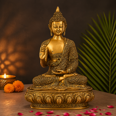 Large Brass Sitting Buddha Statue on Ornamental Base