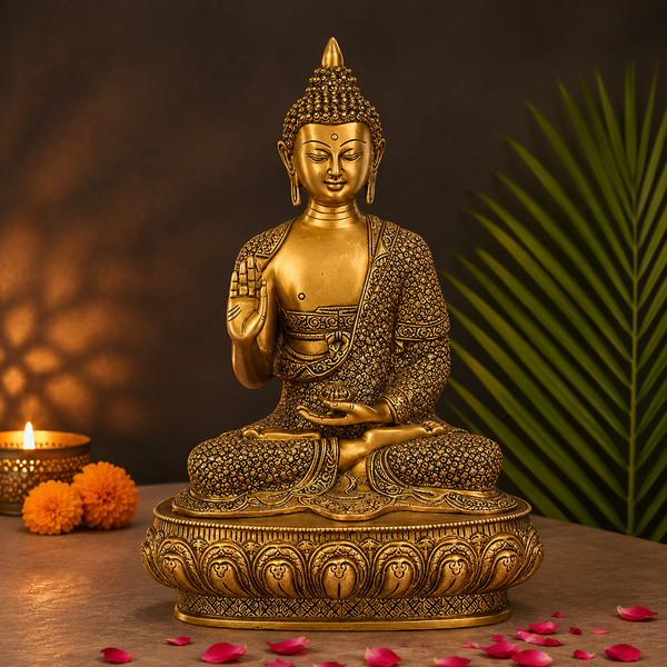 Large Brass Sitting Buddha Statue on Ornamental Base