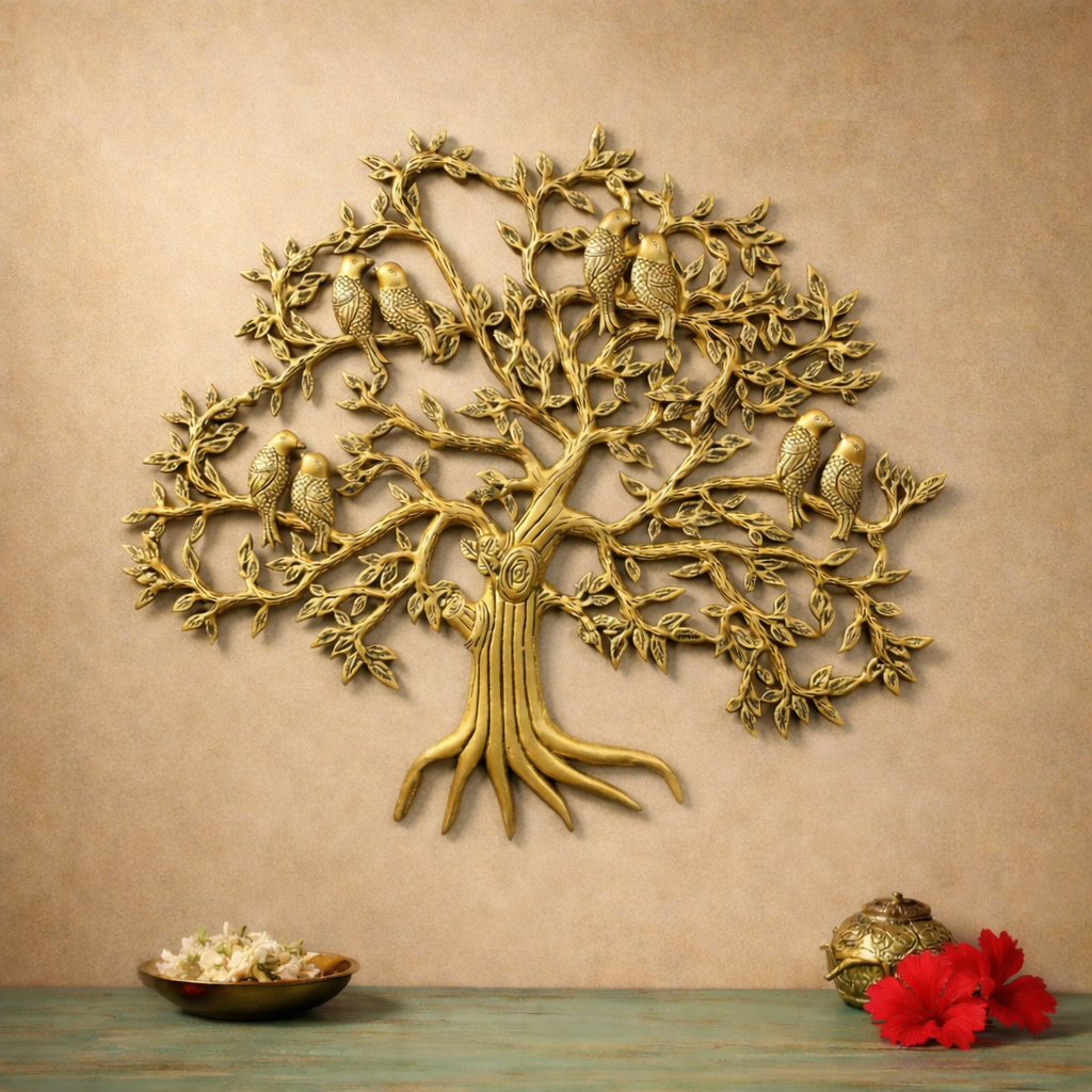 Kalpvriksha Tree with Birds Brass Wall Decor for Prosperity & Growth | 23 inches