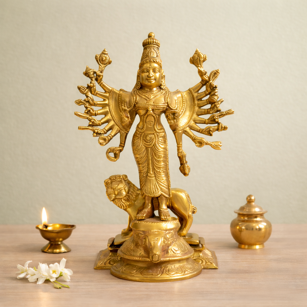 Durga Mahishasur Mardini Brass Idol with Lion for Home Temple & Pooja Room | 10 Inch