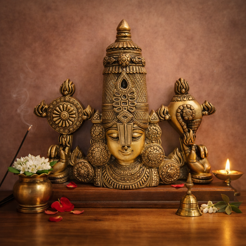 Tirupati Balaji Face with Shankh & Chakra Brass Wall Hanging