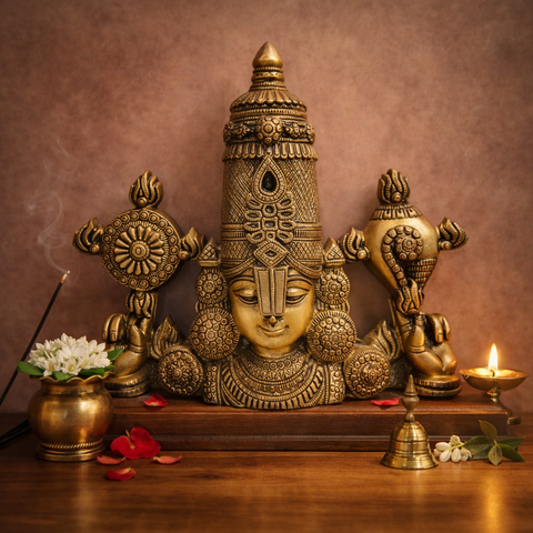 Tirupati Balaji Face with Shankh & Chakra Brass Wall Hanging