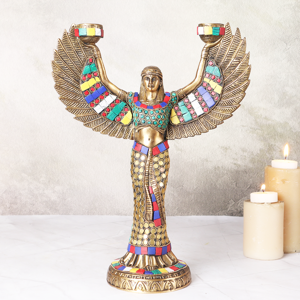 Vintage Egyptian Goddess Candle Stand With Mosaic Work