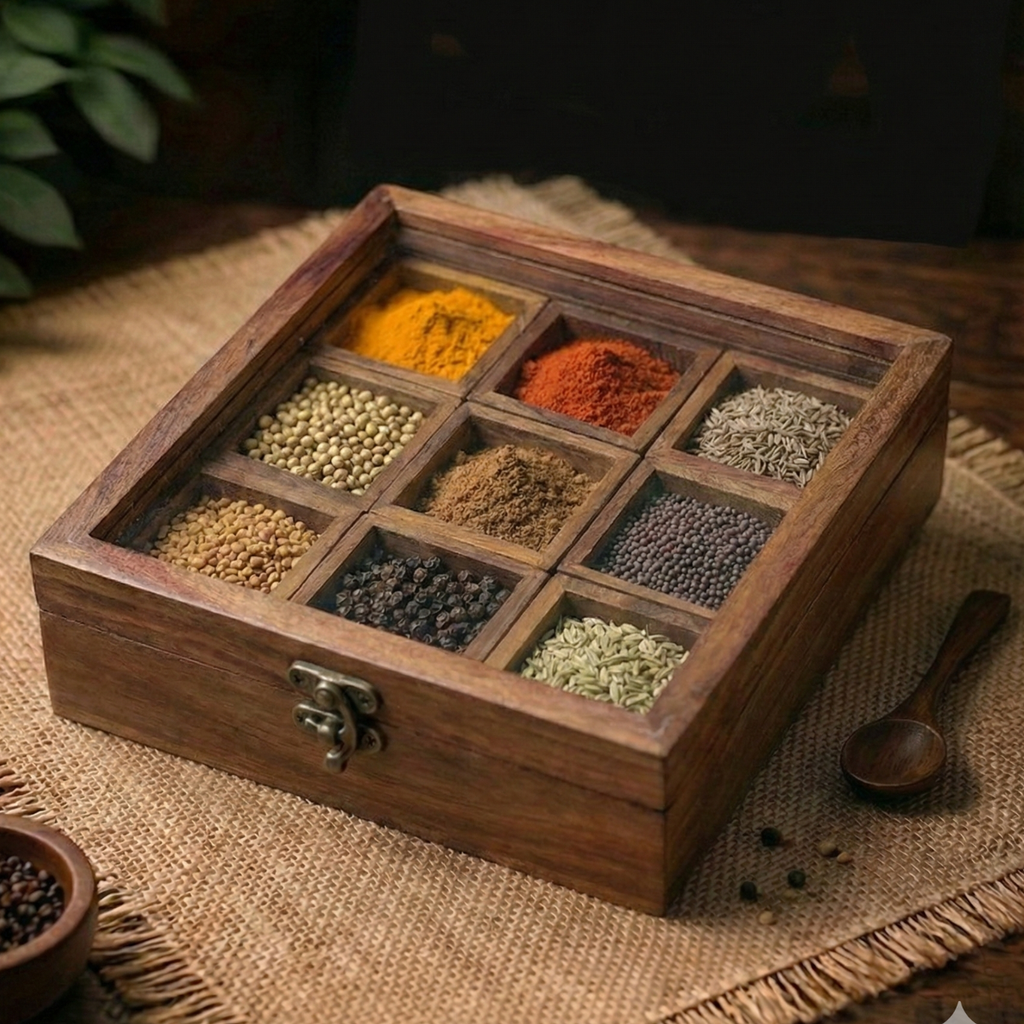 Wooden Spice Box With Spoon