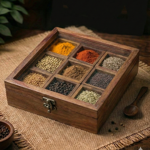 Wooden Spice Box With Spoon