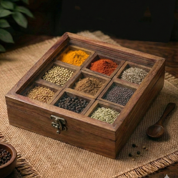 Wooden Spice Box With Spoon
