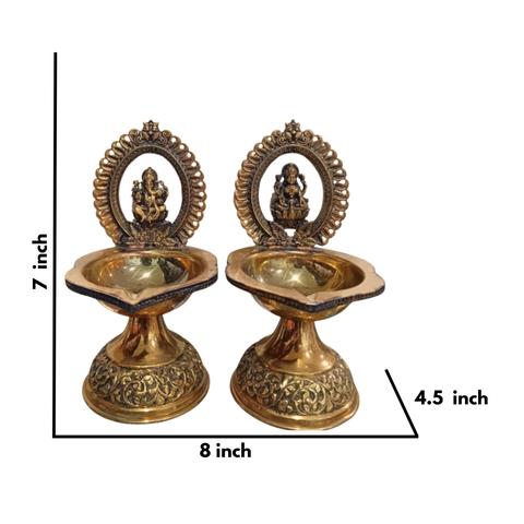 Traditional Superfine Brass Laxmi & Ganesh Deepam Pair| Pooja Oil Lamp for Home & Temple Décor (7.2 Inches, Pair )