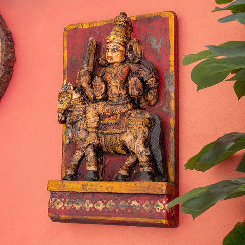 Wooden Lord Khandoba/Shiva Vintage Wall Panel