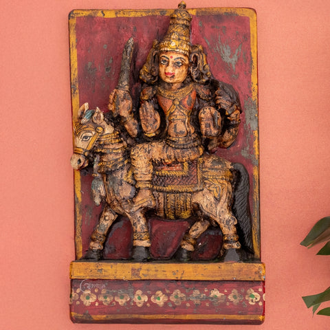 Wooden Lord Khandoba/Shiva Vintage Wall Panel