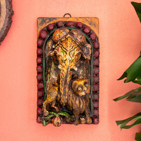 Wooden Ganesha with Lion Carved Wall Panel