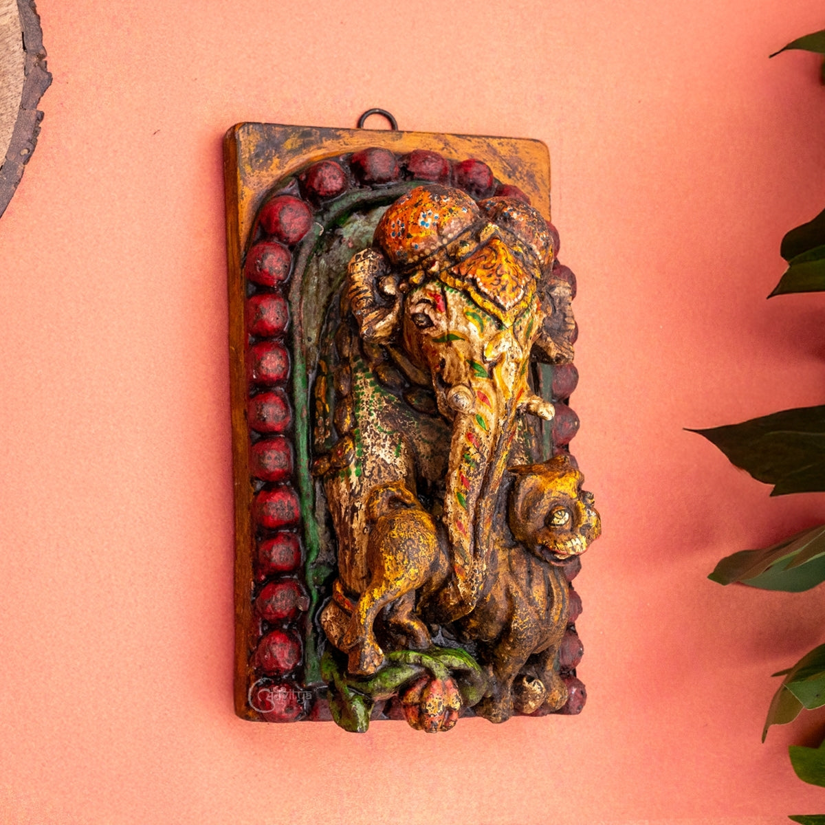 Wooden Ganesha with Lion Carved Wall Panel