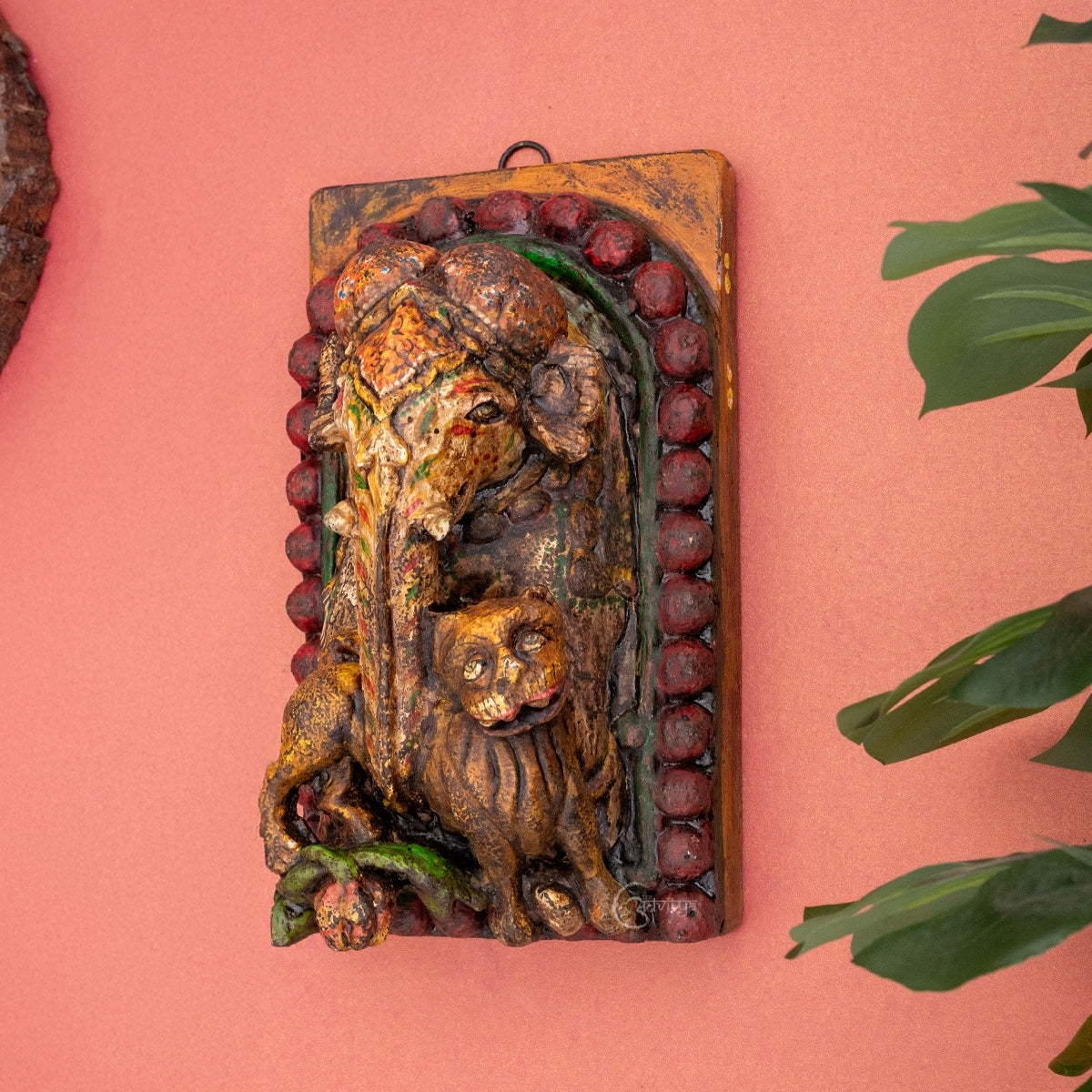 Wooden Ganesha with Lion Carved Wall Panel