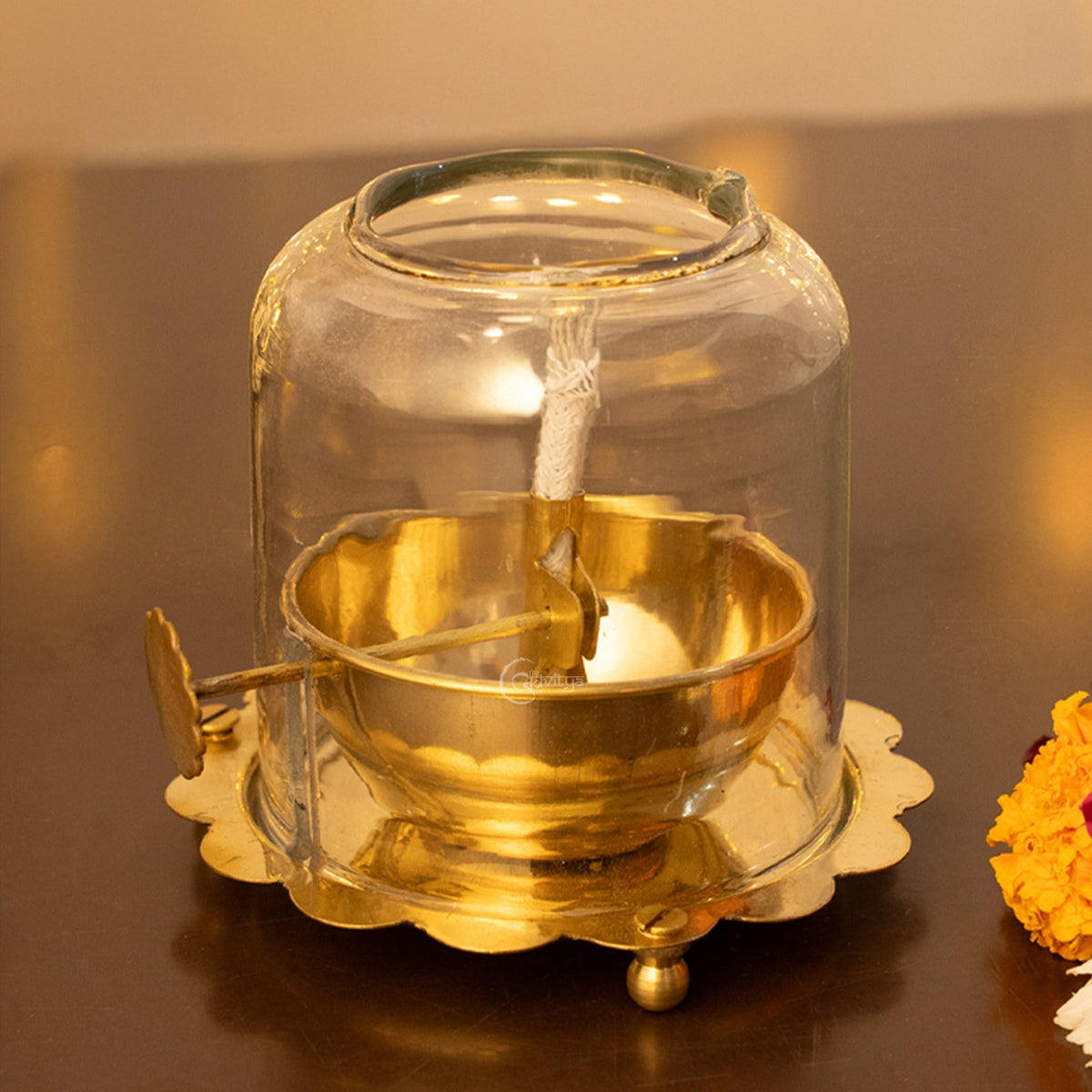 Brass Akhand Jyot Diya With Adjustable Bati Knob(Large| 200 ML)