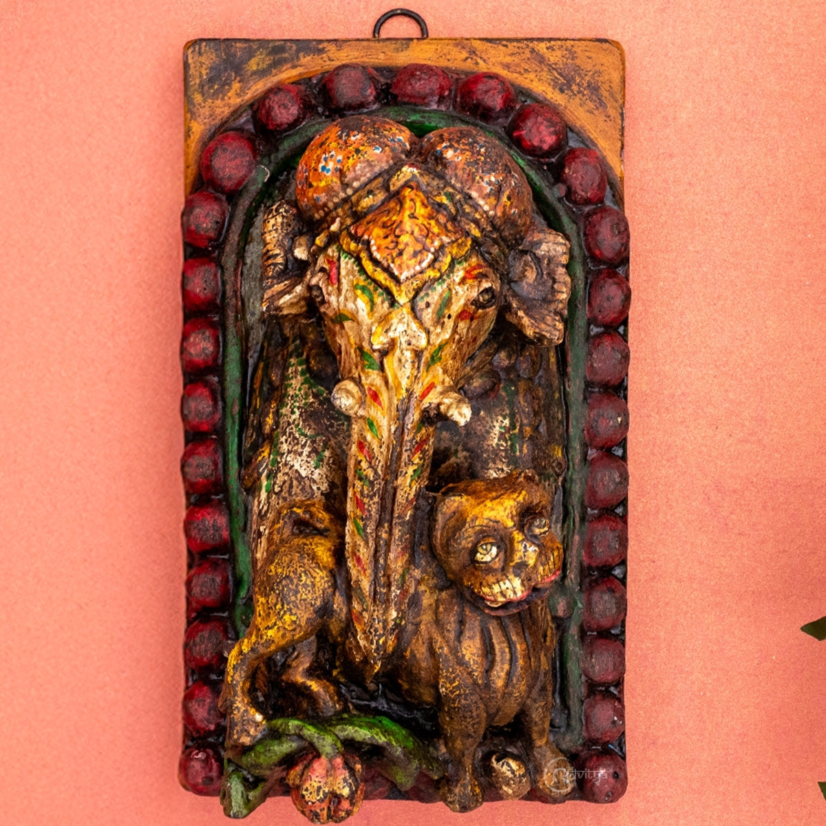 Wooden Ganesha with Lion Carved Wall Panel