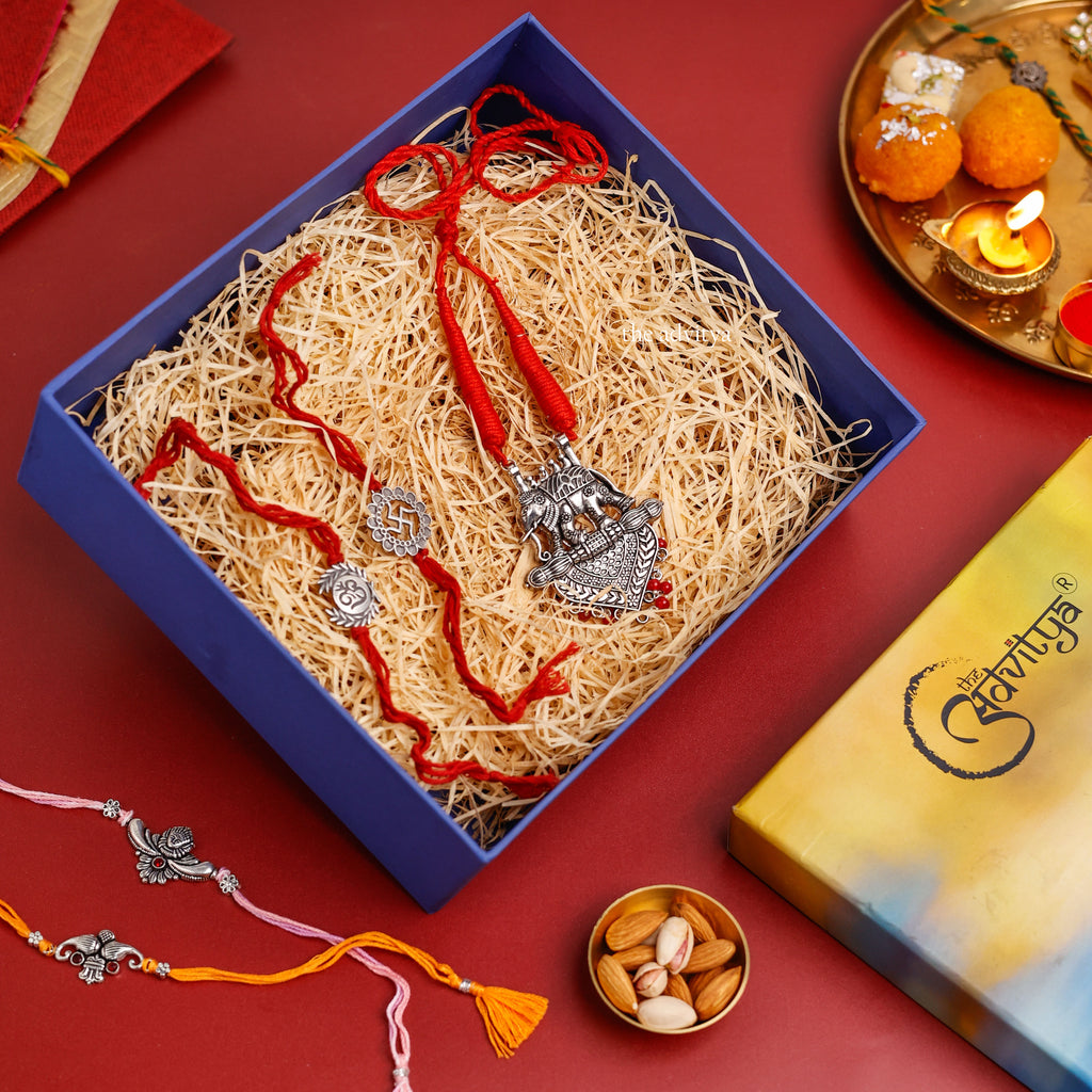 rakhi gifting,rakhi hamper,rakhi special colection, 2 Rakhis with Elephant Necklace (Black & Red)