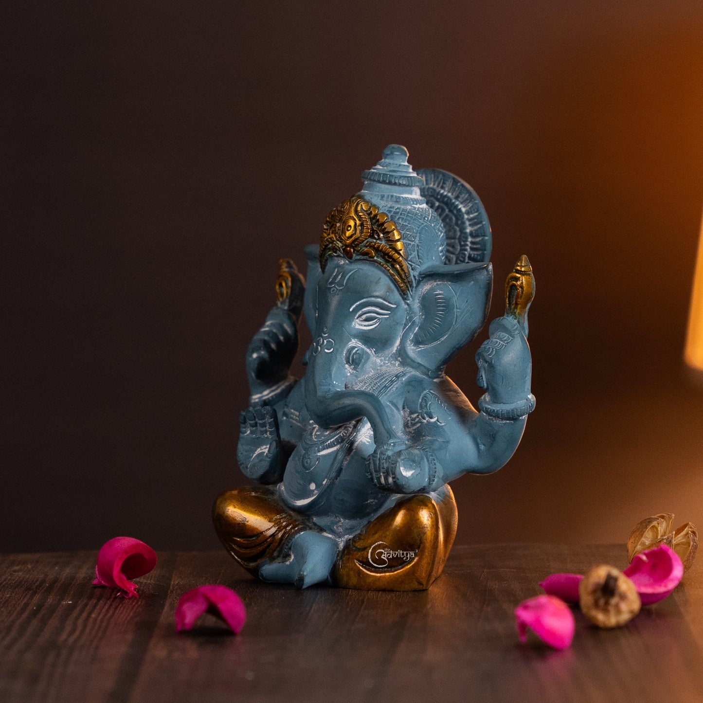 Brass Blue Ganesha Sitting Idol