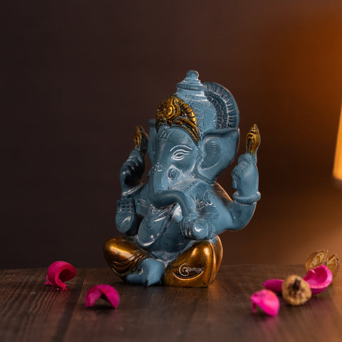 Brass Blue Ganesha Sitting Idol