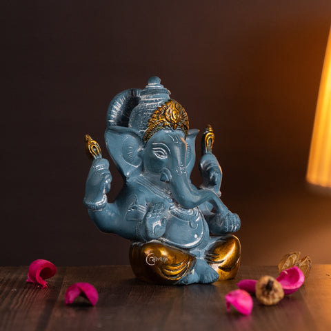 Brass Blue Ganesha Sitting Idol