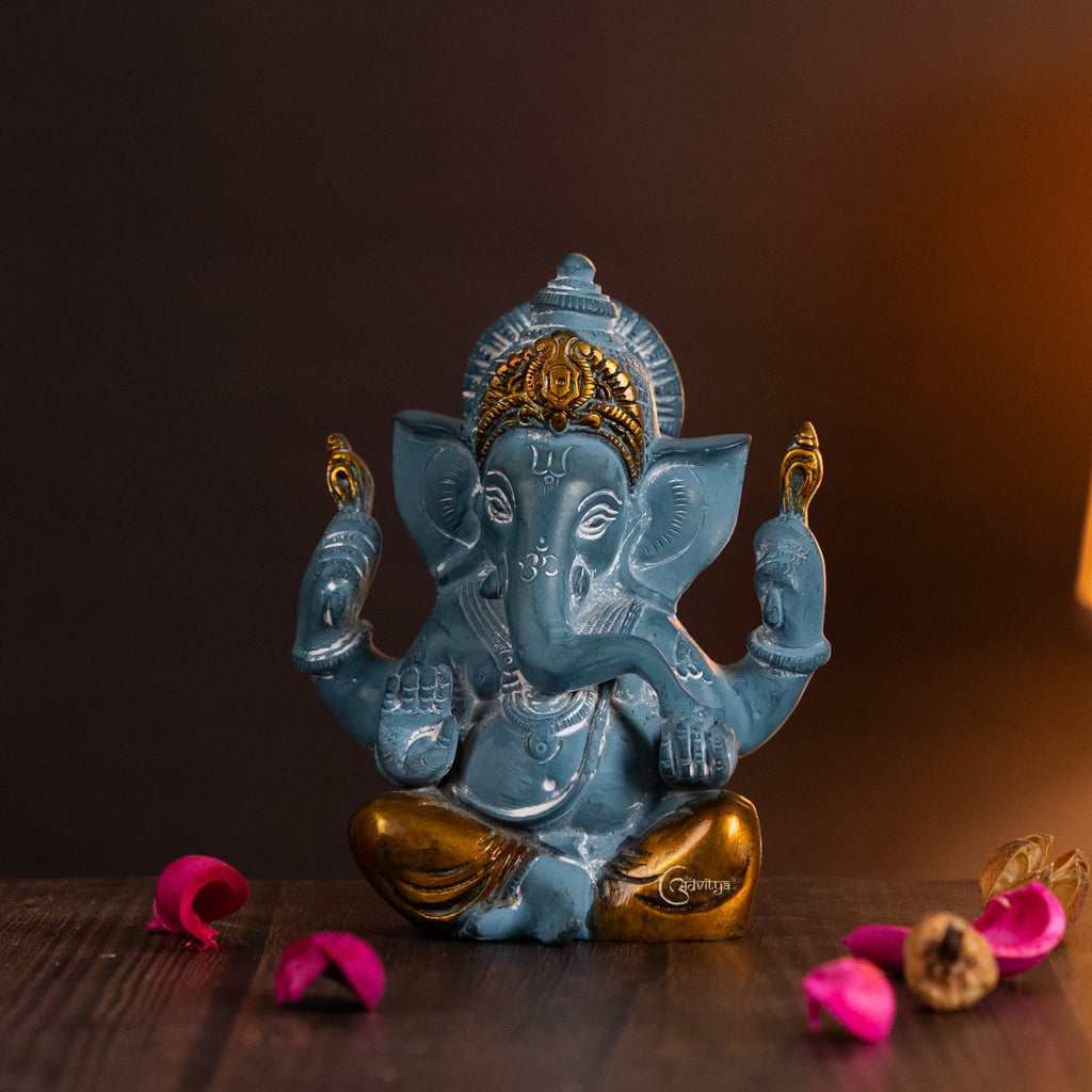 Brass Blue Ganesha Sitting Idol