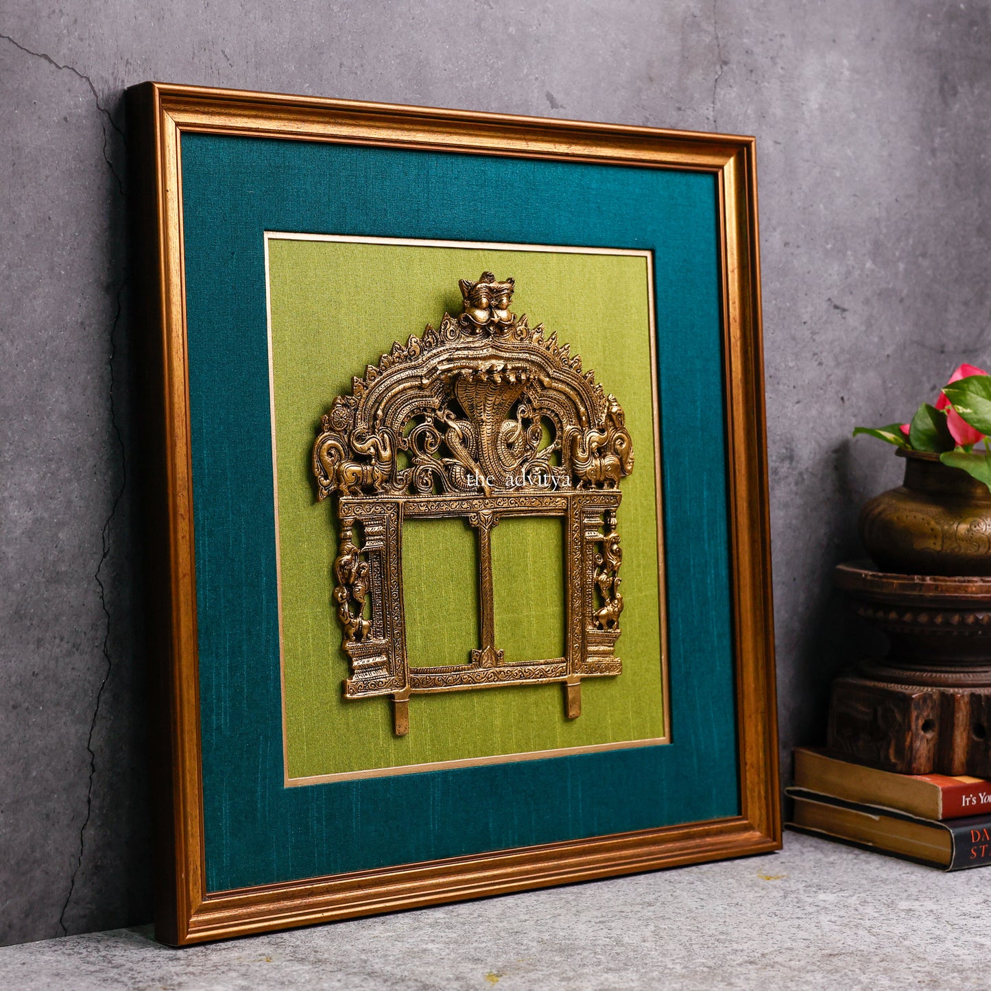 "Magnificent Brass Temple Prabhavali on Dual Fabric Frame "