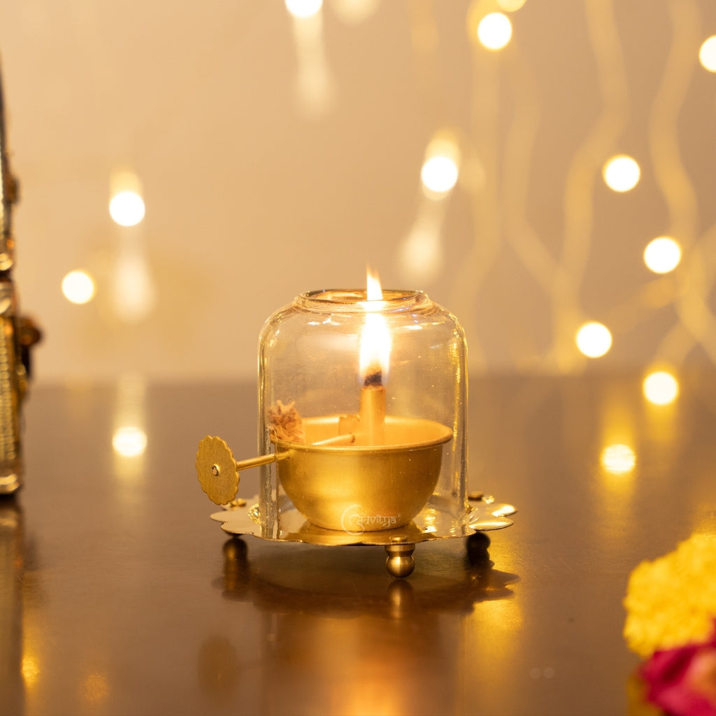 Brass Akhand Jyot Diya With Adjustable Bati Knob(Small)