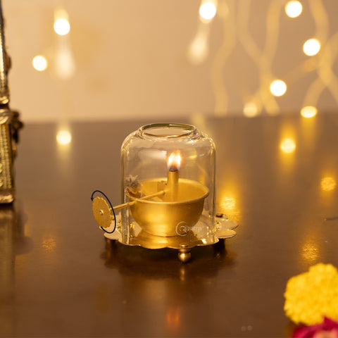 Brass Akhand Jyot Diya With Adjustable Bati Knob(Small)