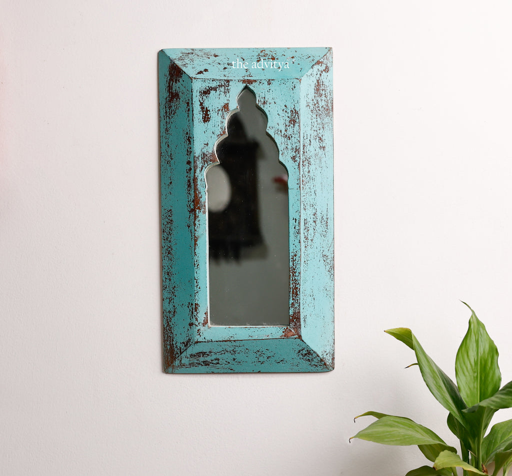 Blue Distressed Wooden Wall Short Mirror