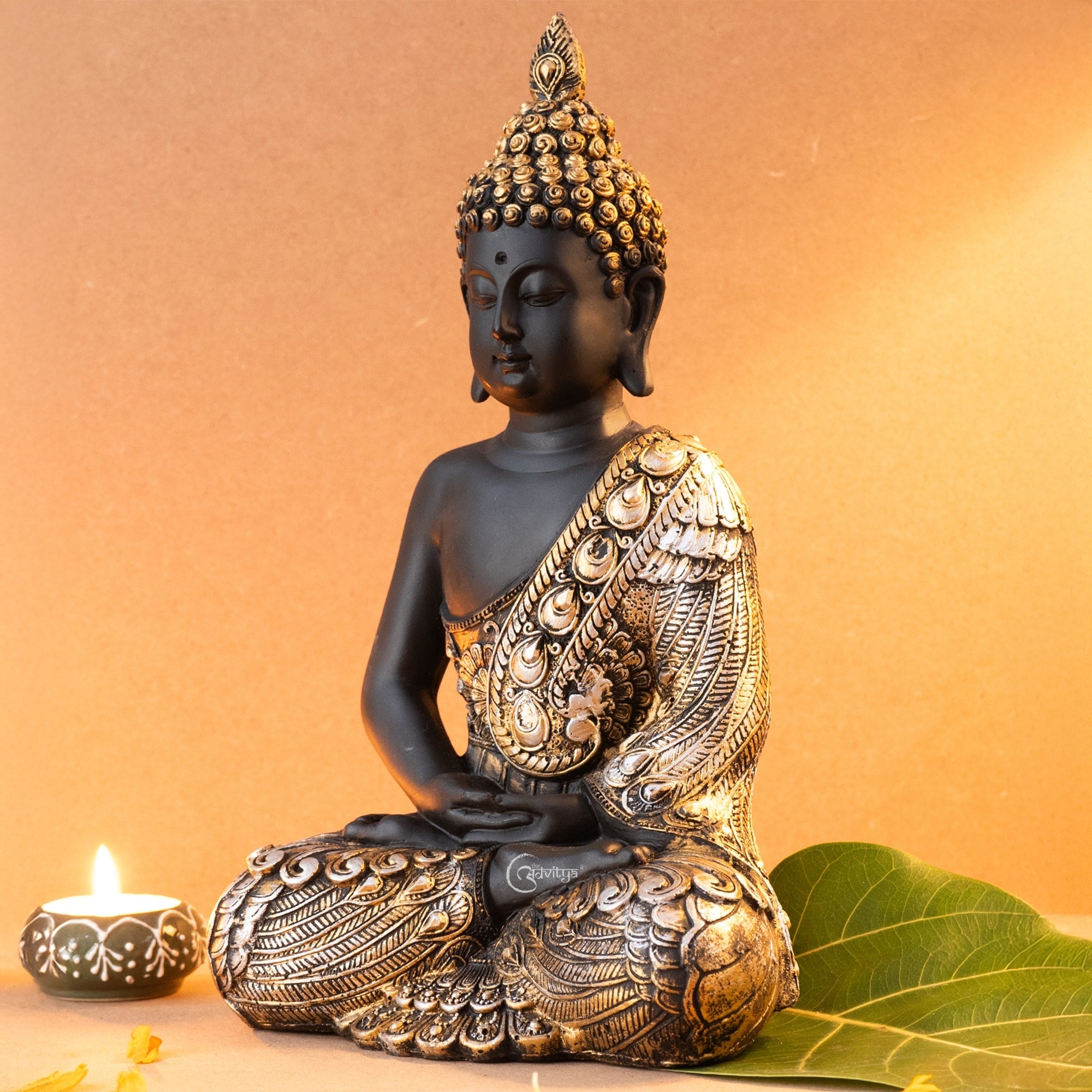 Resin Lord Gautama Buddha Decorative Statue (Black & Golden)
